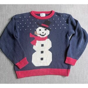 Windcrest Hand Knit Snowman Sweater Navy Red Ramie Cotton Vintage Medium